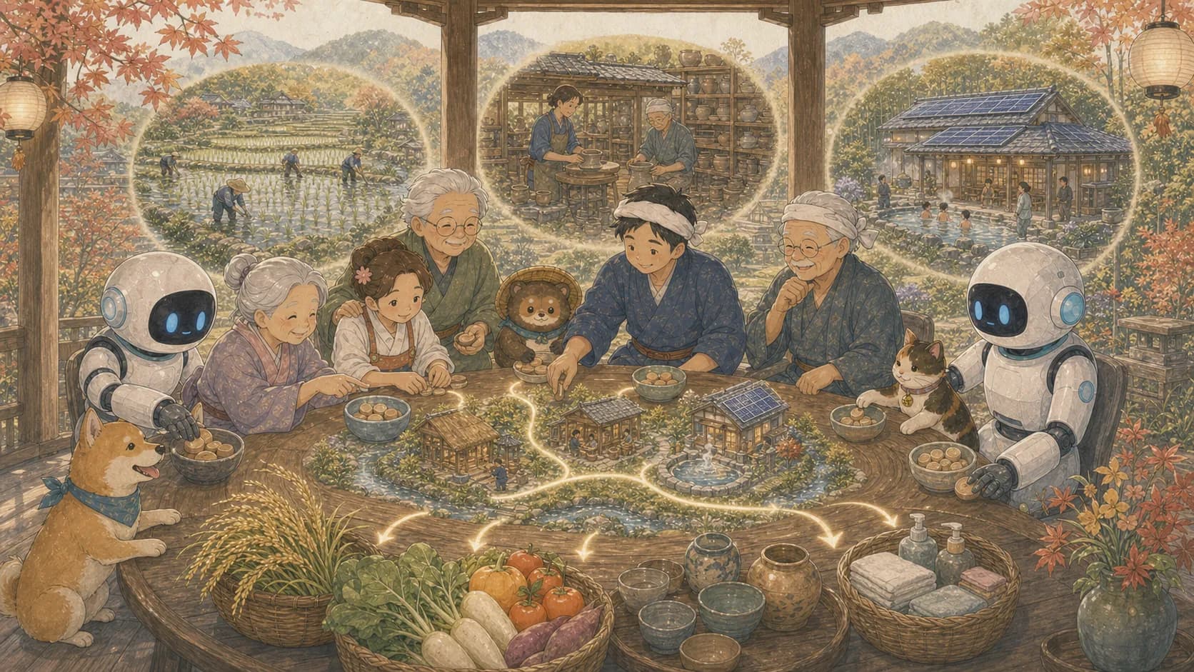 The village gathered around a low table, weighing where the season's yield should go — the fields, the pottery workshop, the bathhouse.